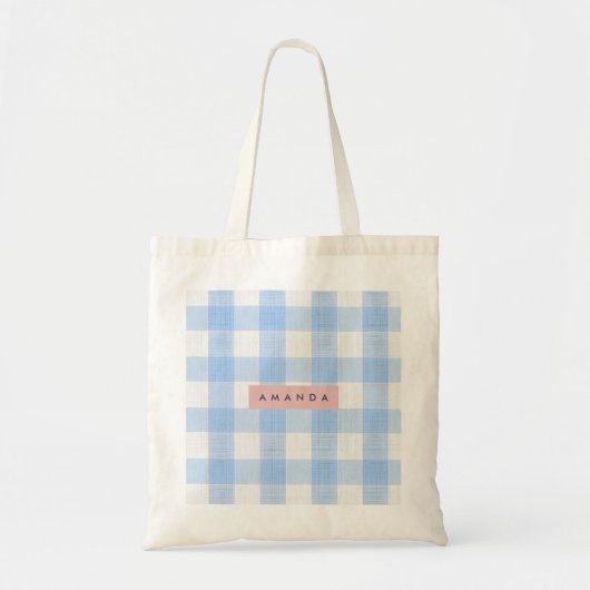 Personalisiertes Hellblaues Gingham in sanften Pas Tragetasche (Vorne)