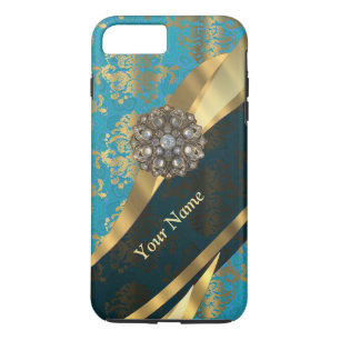 Personalisiertes hellblaues Vintages Damastmuster iPhone 8 Plus/7 Plus Hülle
