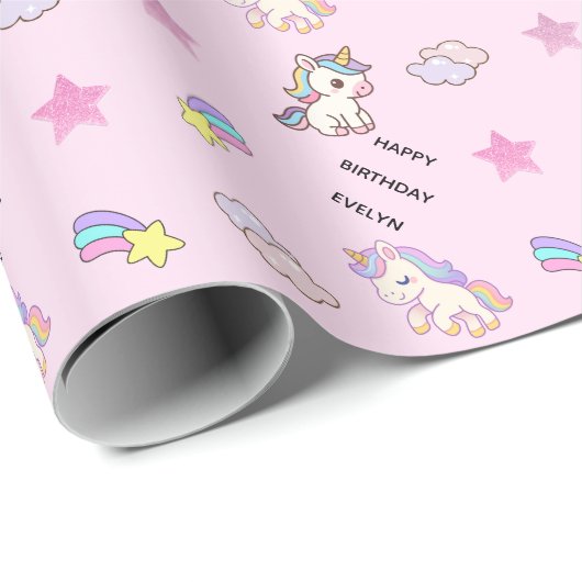 Personalisiertes hellrosa Einhorn-Geburtstagsgesch Geschenkpapier (Rolleneckpunkt)
