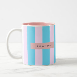 Personalisiertes Hellrosa und Blau Gestreift Zweifarbige Tasse