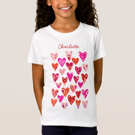 Personalisiertes Herz-Muster Rosa T-Shirt (Vorderseite)
