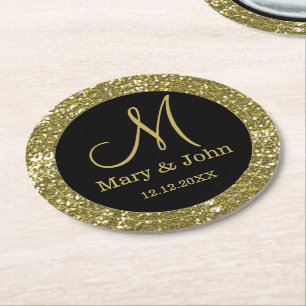 Personalisiertes Hochzeits-Monogramm-Glitzer-Gold Runder Pappuntersetzer