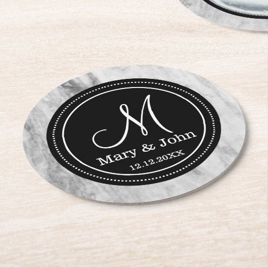 Personalisiertes Hochzeits-Monogramm-Marmor-Muster Runder Pappuntersetzer (Angewinkelt)