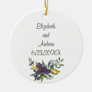 Personalisiertes Hochzeitsdatum Lila Gelbe Blumen Keramik Ornament
