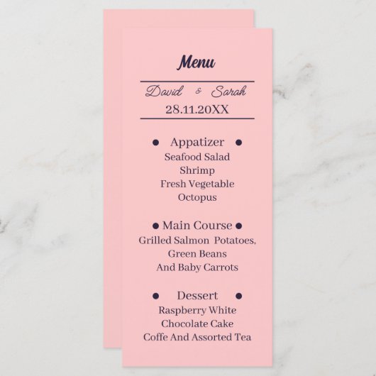 Personalisiertes Hochzeitsessen mit einfachem Pfir Menükarte (Vorne/Hinten)