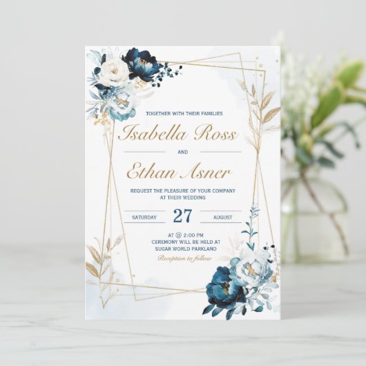Personalisiertes Hochzeitspaket für Navy und Gold Einladung (Stehend Vorderseite)