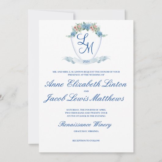 Personalisiertes HochzeitsWappen mit Hydrangea Einladung (Vorderseite)