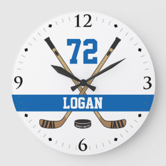 Personalisiertes Hockey-Spieler-Namen-Zahl-Blau Große Wanduhr