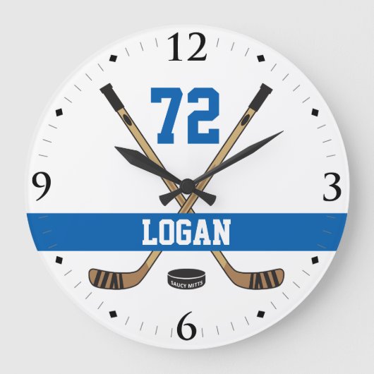 Personalisiertes Hockey-Spieler-Namen-Zahl-Blau Große Wanduhr (Vorderseite)
