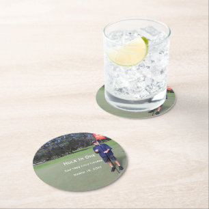 Personalisiertes Hole-In-One-Golf-Foto und Statist Runder Pappuntersetzer