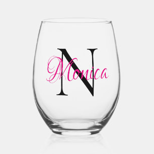 Personalisiertes Hot Pink und schwarzes Monogramm Weinglas Ohne Stiel