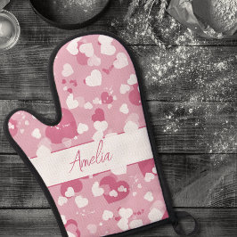 Personalisiertes hübsches rosa Liebesherz Ofenhandschuh & Topflappen-Set