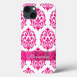 Personalisiertes hübsches Rosa und weißer Damast iPhone 13 Hülle