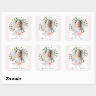 Personalisiertes hübsches Rosé-Blumen-Baby-Mädchen Quadratischer Aufkleber