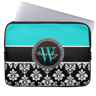 Personalisiertes Initial Aqua Schwarz Damast-Muste Laptopschutzhülle
