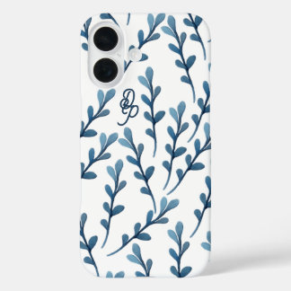 Personalisiertes Initial Blaues Blatt Wasserfarben iPhone 16 Hülle