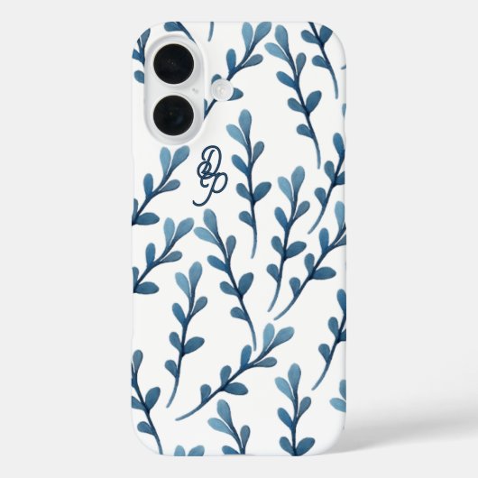 Personalisiertes Initial Blaues Blatt Wasserfarben Case-Mate iPhone Hülle (Rückseite)