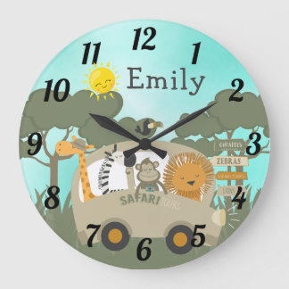 Personalisiertes Jungle Safari Baby Animals Kinder Große Wanduhr