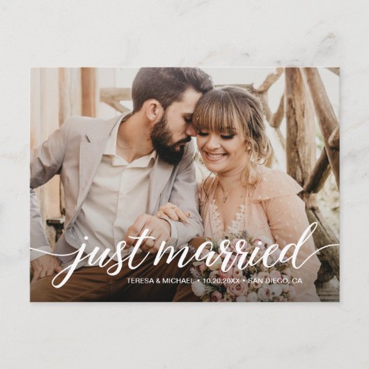 Personalisiertes "Just Married Elopement Foto Post Postkarte (Vorderseite)