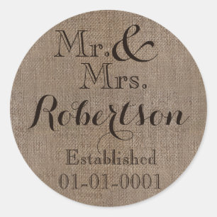 Personalisiertes Jute-Look-Rustikales Hochzeitsand Runder Aufkleber