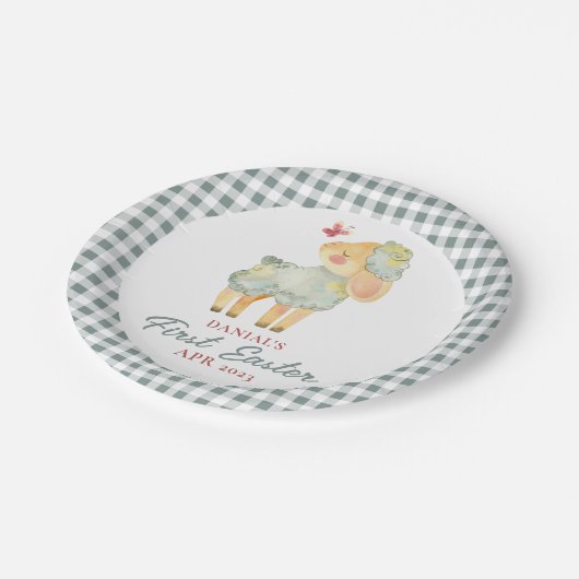Personalisiertes Kariertes Kleines Lamm mein erste Pappteller (Schrägansicht)