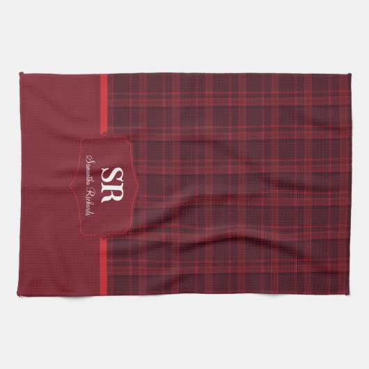 Personalisiertes Kariertes Monogramm Rotes Tartan Geschirrtuch (Horizontal)