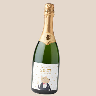 Personalisiertes 'Katze Prost auf 2027 Neujahr' Schaumweinetikett