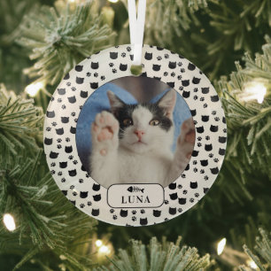 Personalisiertes Katzen- und Pfotenabdruck-Haustie Ornament Aus Glas