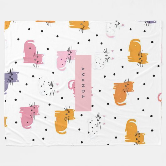 Personalisiertes Katzenmuster mit Polka-Punkten Fleecedecke (Vorderseite (Horizontal))