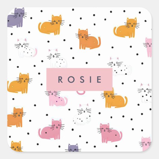 Personalisiertes Katzenmuster mit Polka-Punkten Quadratischer Aufkleber (Vorderseite)