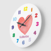 Personalisiertes Kid-Aquarellherz Große Wanduhr (Winkel)