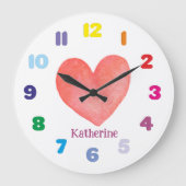 Personalisiertes Kid-Aquarellherz Große Wanduhr (Vorderseite)