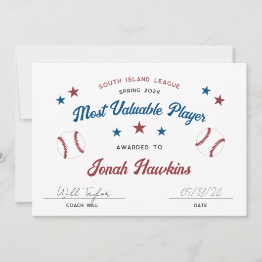 Personalisiertes Kids Baseball Team Award-Zertifik (Vorderseite)
