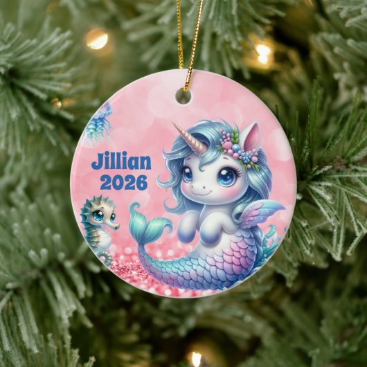 Personalisiertes Kindername Einhorn Weihnachtsschm Keramik Ornament (Baum)