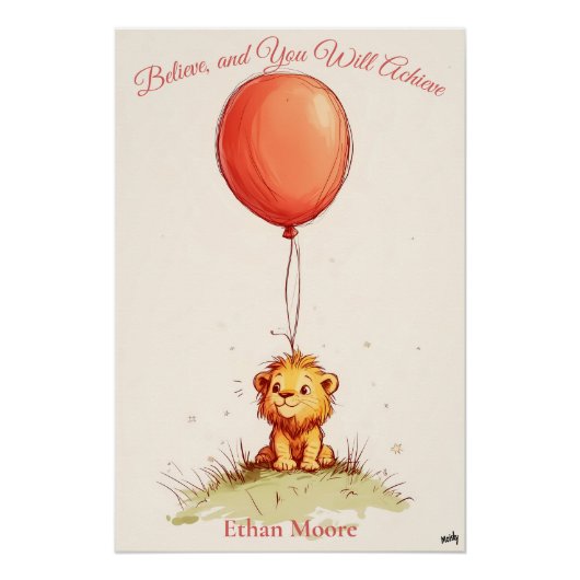 Personalisiertes Kinderzimmer Art - Lion Cub & Red Poster (Vorderseite)