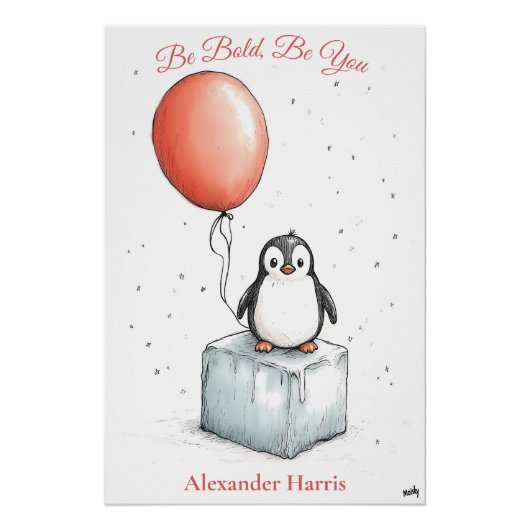 Personalisiertes Kinderzimmer Art - Penguin & Red Poster (Vorderseite)