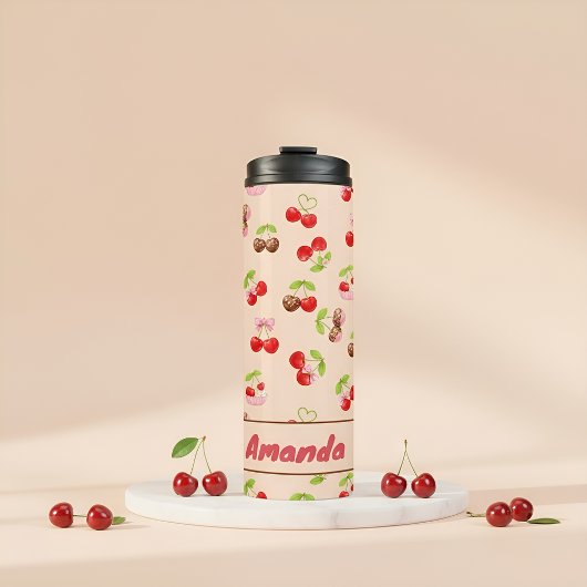 Personalisiertes Kirsch-Dessert-Muster Cute Name Thermosbecher