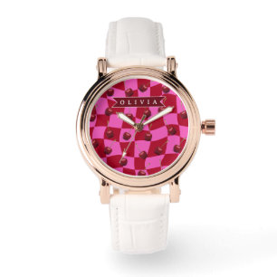 Personalisiertes Kirsch-Gingham Retro Individuelle Armbanduhr