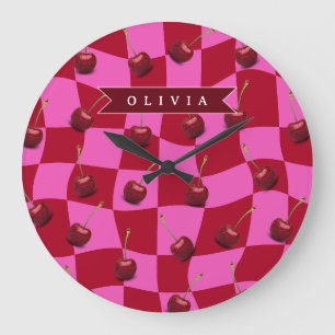 Personalisiertes Kirsch-Gingham Retro Individuelle Große Wanduhr