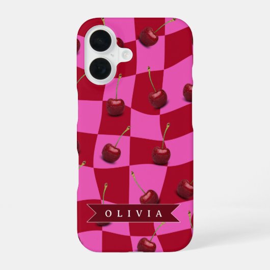 Personalisiertes Kirsch-Gingham Retro Individuelle iPhone 16 Hülle (Rückseite)
