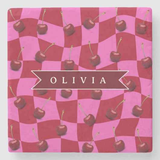 Personalisiertes Kirsch-Gingham Retro Individuelle Steinuntersetzer (Vorderseite)