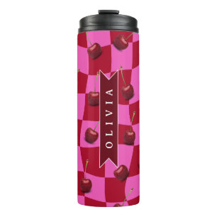 Personalisiertes Kirsch-Gingham Retro Individuelle Thermosbecher