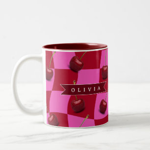 Personalisiertes Kirsch-Gingham Retro Individuelle Zweifarbige Tasse