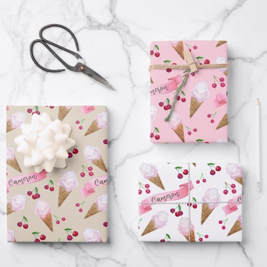 Personalisiertes Kirscheis Creme Cones Pink Pastet Geschenkpapier Set (Vorderseite)