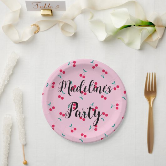 Personalisiertes Kirschgeflecht Muster Rosa Party Pappteller (Hochzeit)