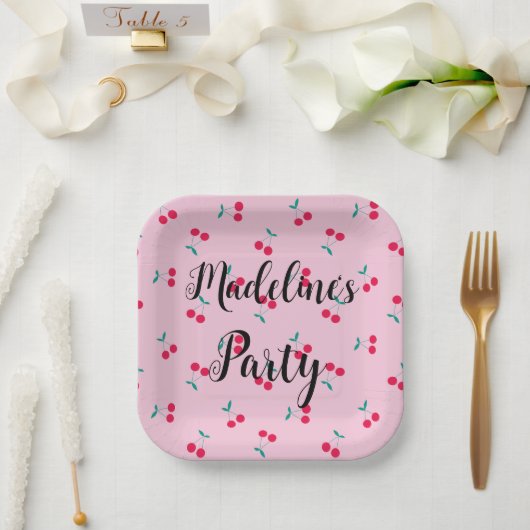 Personalisiertes Kirschgeflecht Muster Rosa Party Pappteller (Hochzeit)