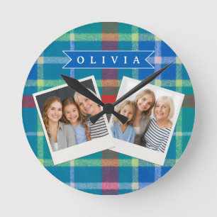 Personalisiertes klassisches blaues Karo im preppy Runde Wanduhr