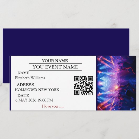 Personalisiertes Konzert-Ticket-Geschenk Überrasch Einladung (Vorne/Hinten)