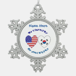 Personalisiertes Korea USA Herz-Erbe Schneeflocken Zinn-Ornament