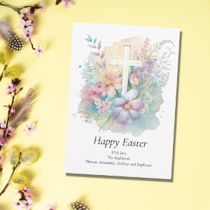 Personalisiertes Kreuz mit floralem Pastell-Ostern Feiertagskarte